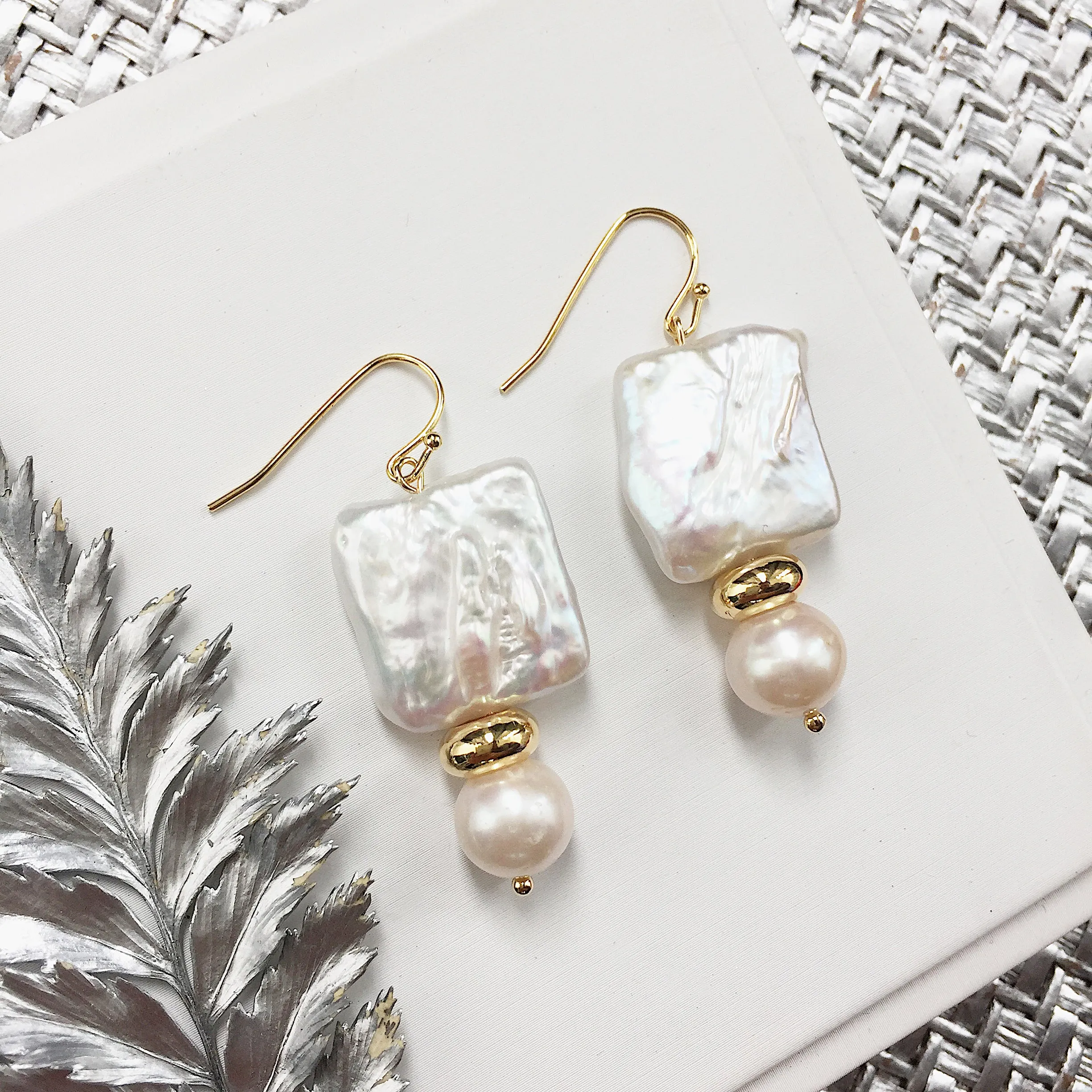 Rectangular & Round Freshwater Pearls Drop Earrings ME009